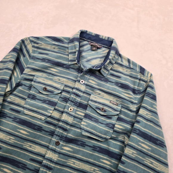 Eddie Bauer Fleece Shirt Mens Medium Teal Blue Native Stripe Pattern Colorful - Picture 4 of 10